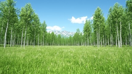 Obraz premium Birch forest meadow, mountain backdrop, sunny day, nature scene, landscape photography