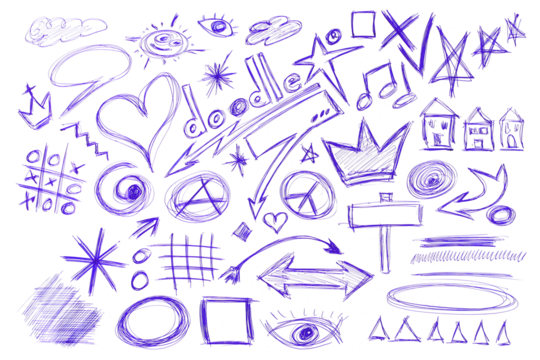 Set doodle icons, hand draw ballpoint pen, isolated on white