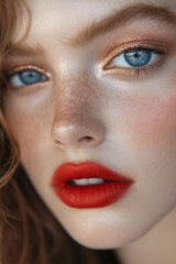 closeup photo of a stunning young woman with fair skin and striking blue eyes, wearing bold red lipstick and shimmering copper eyeshadow 