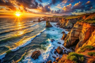 Dramatic sunset silhouettes rocky shores, bathed in golden light; breathtaking coastal photography.