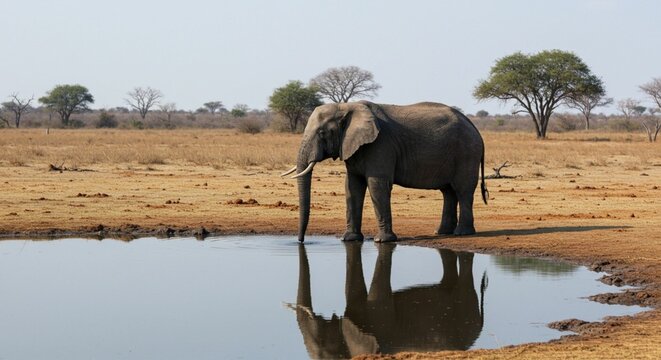 An African elephant stands in the water at Savuti Marsh, reflecting its majestic form in the tranquil surface.
