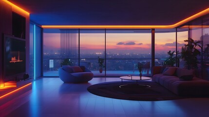 Modern Living Room with City View at Dusk and Vibrant Lighting