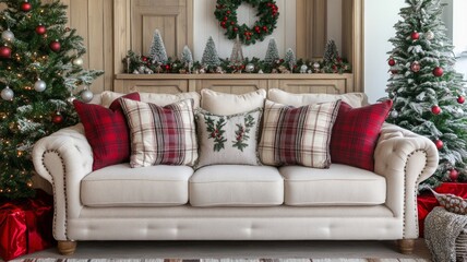 Cozy Christmas Living Room with Cream Sofa and Red Pillows