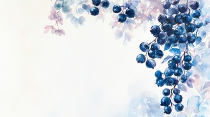 Watercolor painting of ripe blueberries on branches, garden background, food design