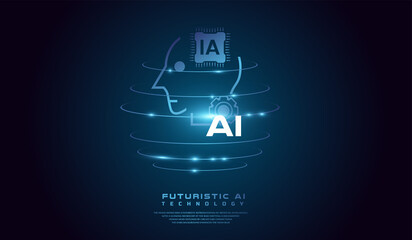 Technological Digital Brain with AI Chip. AI head concept Vector illustration. Artificial Intelligence Head, Isometric Vector banner for AI head system in vector