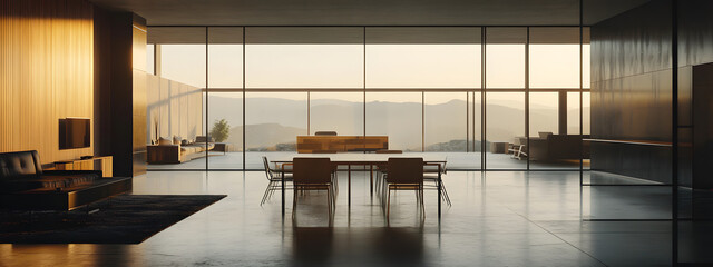 Modern office space, open floor plan with glass walls
