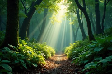 Sunlight dapples lush Basse Terre rainforest floor, rainforest, ecosystem