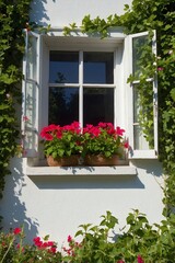 Fototapeta premium Close-Up of a Window Framed by Green Vines Against the Background of a White Building