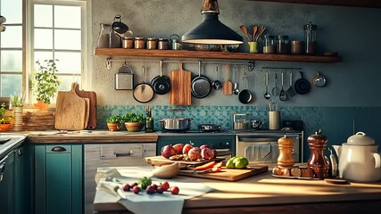 Cozy Kitchen Interior with Fresh Ingredients and Natural Light