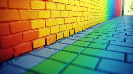 Fototapeta premium Vibrant Rainbow Brick Wall and Colorful Pavement Alleyway Urban Street Scene