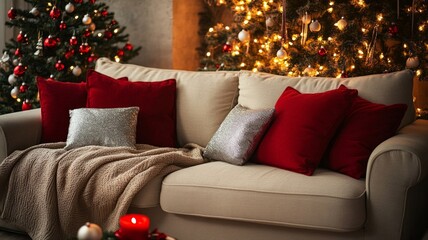 Cozy Christmas Living Room with Decorated Tree and Festive Pillows