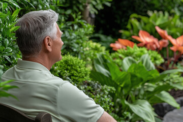 Elderly man enjoying peaceful moment in lush garden surrounded by vibrant plants and flowers, reflecting tranquility and contentment