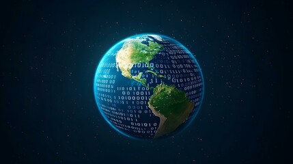 Fototapeta premium A digital rendering of Earth, enveloped in a glowing blue aura and overlaid with binary code, floats against a backdrop of stars.