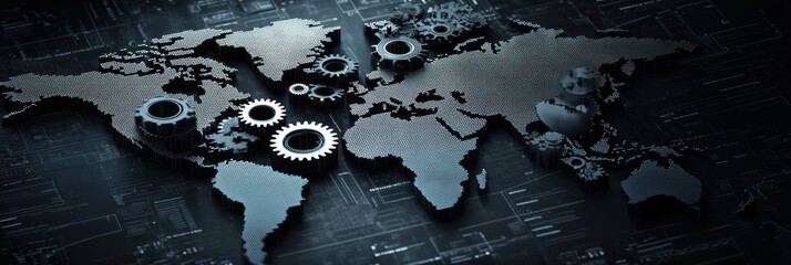Graphic layout showcasing a world map with gears for advertising purposes