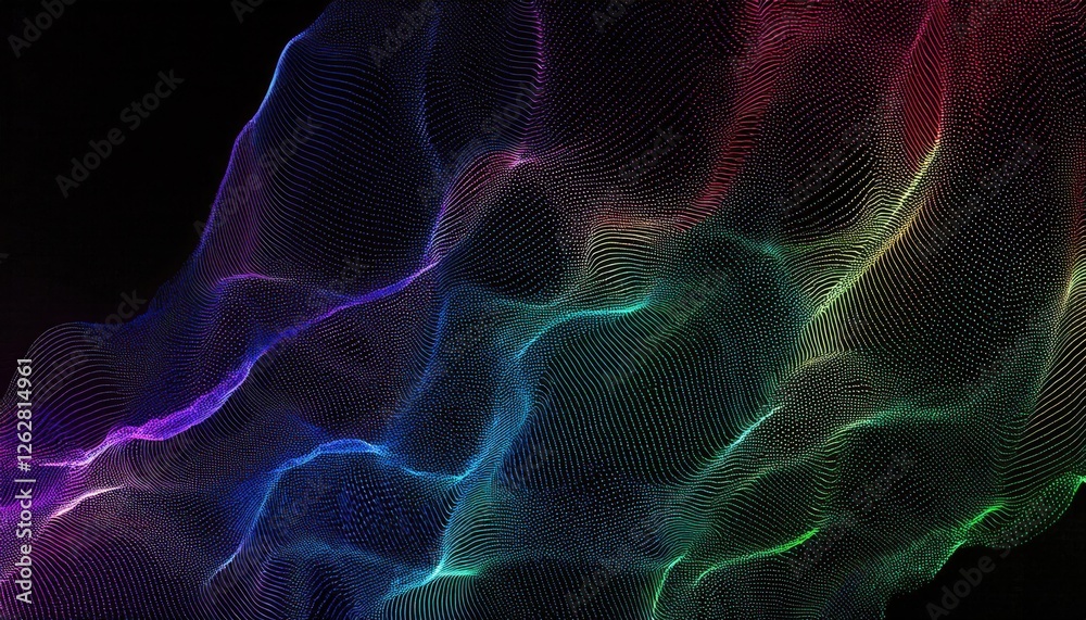 Poster colorful 3d digital wave grid with neon gradient lines and glowing dots for futuristic design, tech 