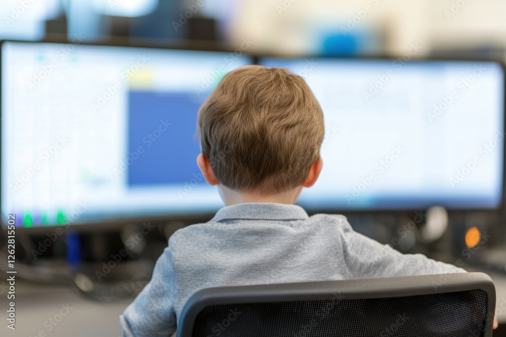 Poster live monitoring control room in factory setting featuring child observing computers