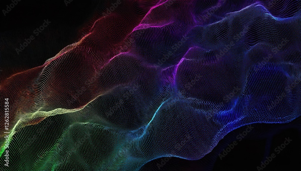 Poster colorful 3d digital wave grid with neon gradient lines and glowing dots for futuristic design, tech 