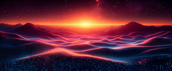 Abstract Digital Sunrise Landscape Over Mountains