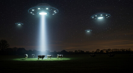 Alien Encounter: UFOs Illuminate Cows in Night Field