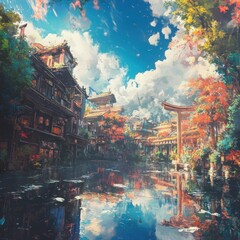 Obraz premium Pixelated Asian Town Scene With Canal Reflections