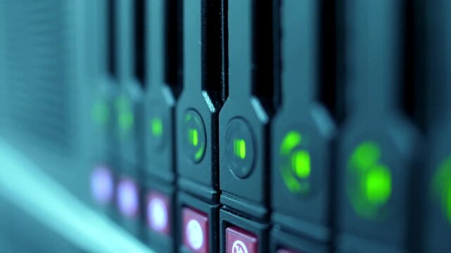 close up view data center showing server equipment with flickering light indicators Cloud computing