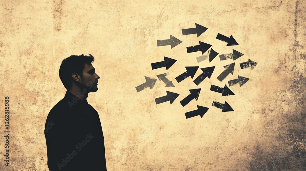 Poster Businessman is choosing right direction, facing many arrows pointing in different directions, concept of fear of better option and job insecurity