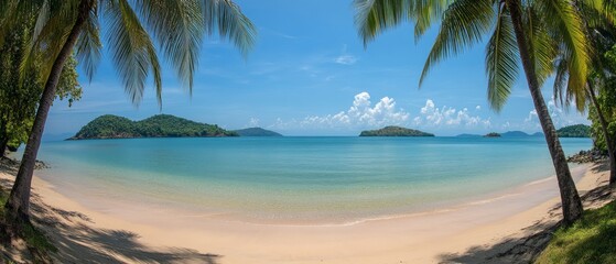 A beautiful tropical beach featuring soft sandy shores and vibrant turquoise water, framed by palm trees and distant lush islands under a clear blue sky