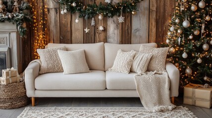 Cozy Christmas living room with rustic decor and festive lights