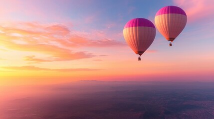 Obraz premium Two hot air balloons at sunrise over landscape. Possible use stock photo for travel, adventure, or tourism