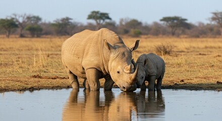 Fototapeta premium A mother rhino and her baby stand side by side at a waterhole, preparing to drink together.
