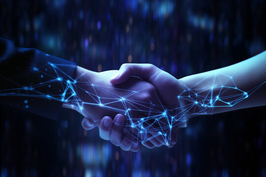 A futuristic handshake between a human and a digital entity, symbolizing collaboration between technology and people.