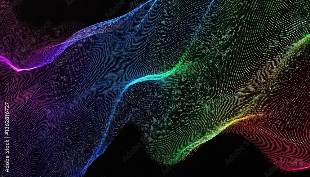 Poster colorful 3d digital wave grid with neon gradient lines and glowing dots for futuristic design, tech 