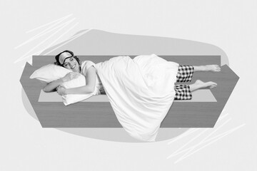 Photo collage artwork minimal picture of dreamy cute lady sleeping lying sofa isolated drawing...