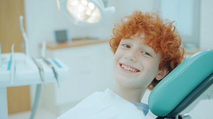 Boy with curly red hair smiling in a dental office during routine check-up