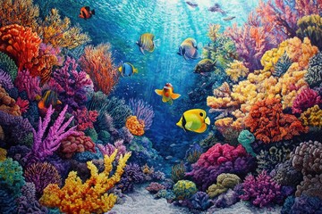 Obraz premium A vibrant coral reef with colorful corals and tropical fish, under the blue sky of an island in the South Seas.