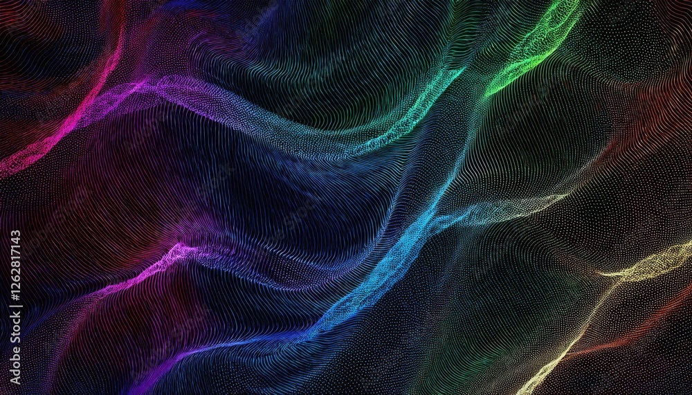 Aufkleber colorful 3d digital wave grid with neon gradient lines and glowing dots for futuristic design, tech visuals, and background