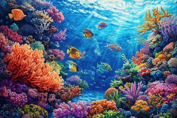 Obraz premium A vibrant coral reef with colorful corals and tropical fish, under the blue sky of an island in the South Seas.