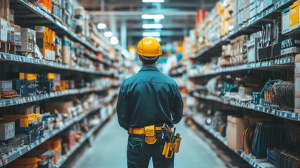 construction worker in hardware store aisle