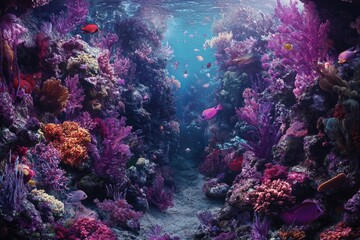 A vibrant coral reef with colorful corals and tropical fish, under the blue sky of an island in the South Seas.