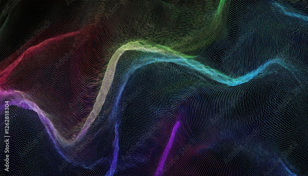 Poster colorful 3d digital wave grid with neon gradient lines and glowing dots for futuristic design, tech 