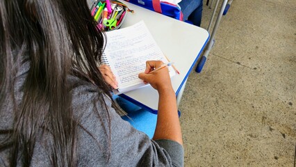 Estudante fazendo a atividade em sala de aula na escola. 