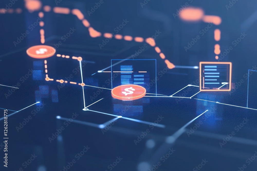 Poster abstract digital network visualization depicting financial data flow with currency symbols and data 