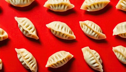 seamless pattern of fresh Chinese dumplings on a red background 