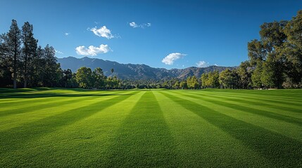 Scenic golf course fairway with perfectly manicured grass, mountains in the background under a clear blue sky.