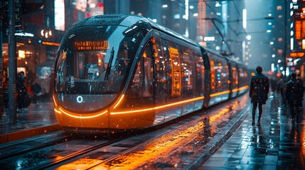 Fototapeta premium Futuristic tram in rainy city street; urban transport in night