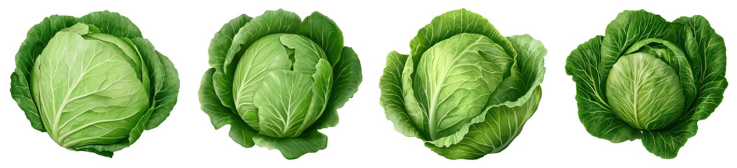 Four Green Cabbages Displayed on a Transparent Background with Water Droplets and Detailed Leaves