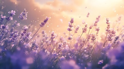 Serene Lavender Field at Sunset with Soft Golden Light and Breeze