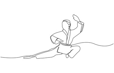 Single line drawing of sporty young karateka woman in fighting uniform with belt exercising martial arts in gym, Female karateka showing kicking technique. continuous one line drawing style.