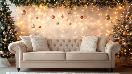 Obraz premium Cozy Christmas Living Room with Decorated Sofa and Trees