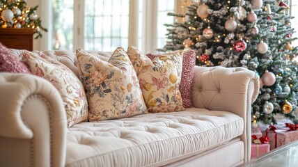 Fototapeta premium Cozy Christmas Living Room with Floral Pillows and Decorated Tree
